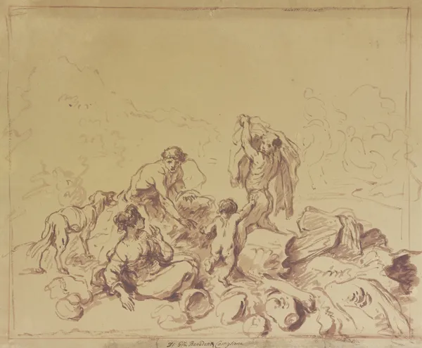 Zwei Männer, Frau und Kind an einer Wasserstelle zwischen antiken Architekturfragmenten av Giovanni Benedetto Castiglione