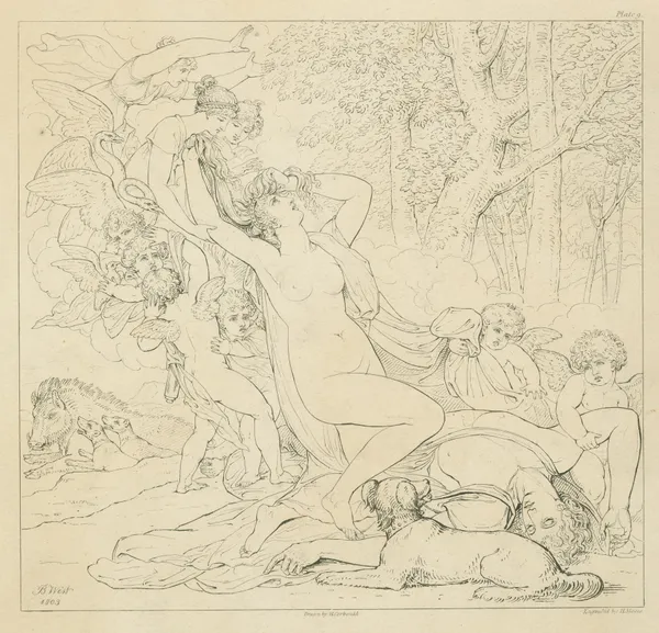 The despair of Venus over the dead body of Adonis av Benjamin West