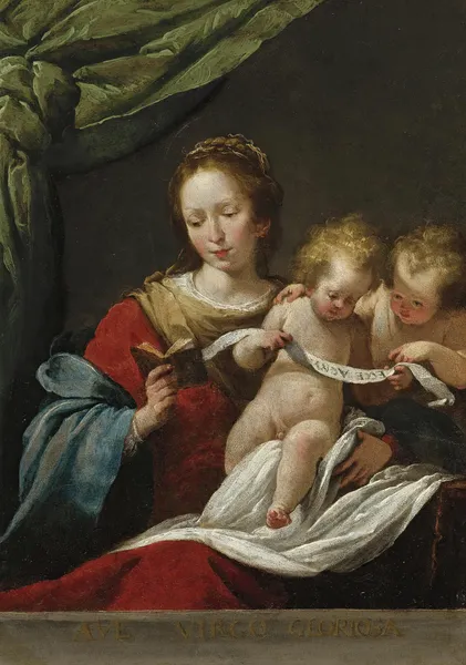 The Madonna Reading, With The Christ Child And Infant Saint John The Baptist av Bernardo Strozzi