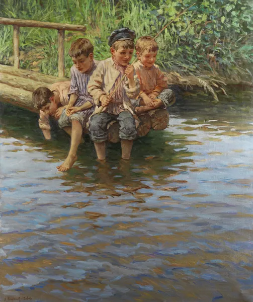 Four boys on the bank jetty while fishing av Nikolai Bogdanov-Belsky