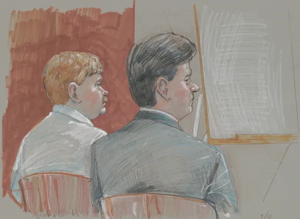 Defendant Bobby Wayne Woods with his lawyer during his trial for murder, kidnapping, and assault av Brigitte Woosley