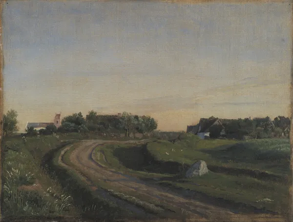 Vejby with the Church seen from the North. Evening Light. Zealand av P. C. Skovgaard
