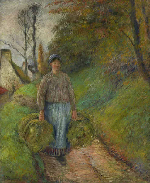 Peasant Woman Carrying Two Bundles of Hay av Camille Pissarro