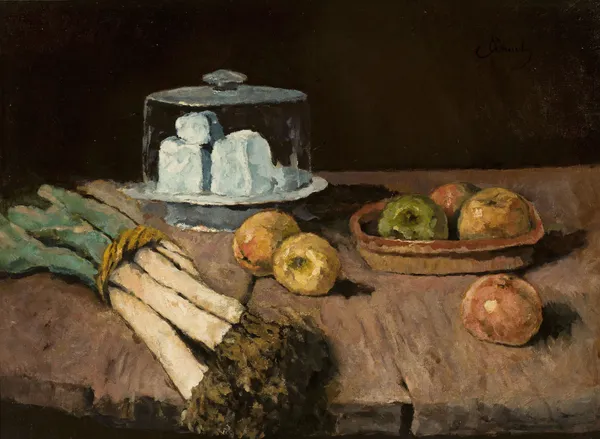 Still life with leeks, apples and cheese av Carl Schuch