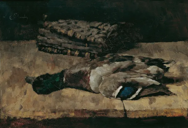 Stillleben mit Wildente und Jagdtasche I av Carl Schuch