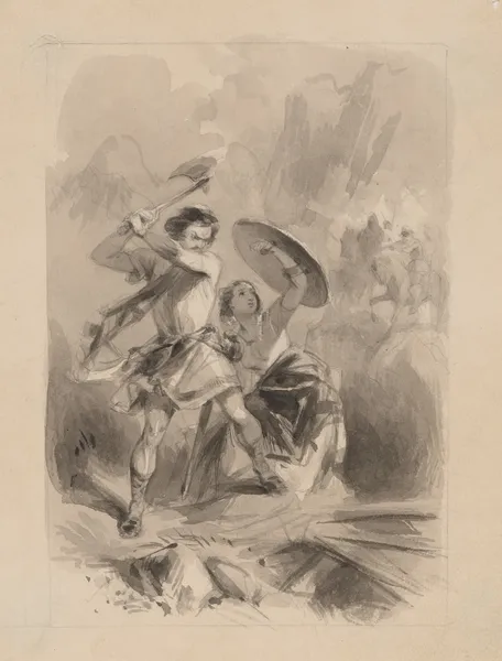 Man wielding ax and woman holding shield av Felix Octavius Carr Darley
