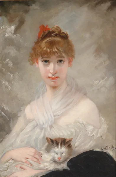 Mädchen mit weißem Tuch und Katze av Charles Chaplin