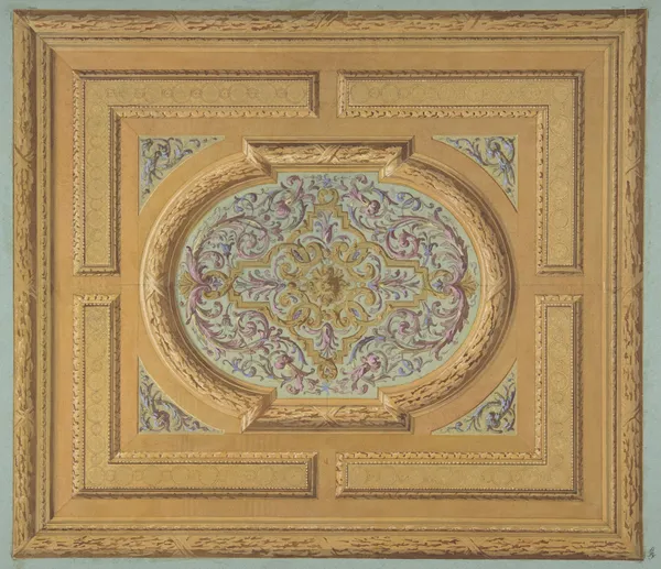 Design for a ceiling decorated with bands of oak leaves and a central panel of scrolls and rinceaux av Jules-Edmond-Charles Lachaise
