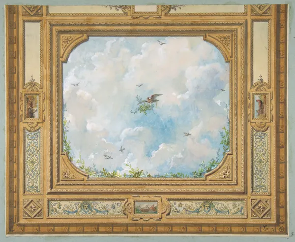 Design for a ceiling decorated with clouds and birds av Jules-Edmond-Charles Lachaise