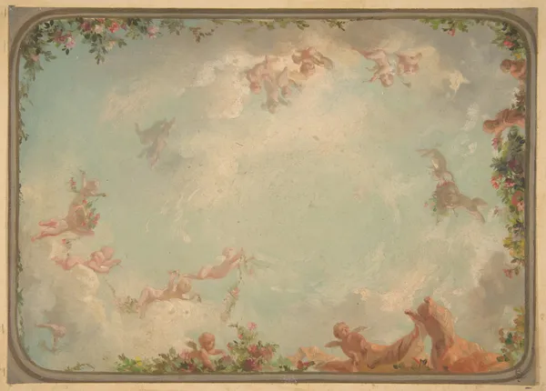 Design for a ceiling painted with putti in clouds with roses (19th Century) av Jules-Edmond-Charles Lachaise