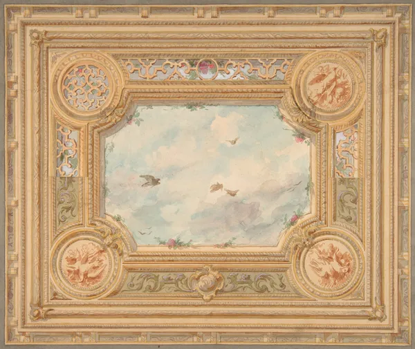 Design for a ceiling with four medallions and sky motif in center (19th Century) av Jules-Edmond-Charles Lachaise