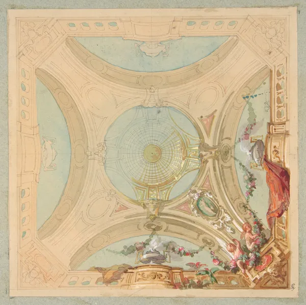 Design for a ceiling with garland bearing putti (19th Century) av Jules-Edmond-Charles Lachaise