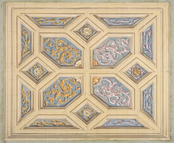 Design for a coffered ceiling decorated with rinceaux av Jules-Edmond-Charles Lachaise