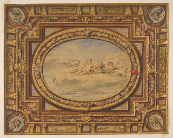 Design for a painted ceiling with putti on clouds in a central oval av Jules-Edmond-Charles Lachaise