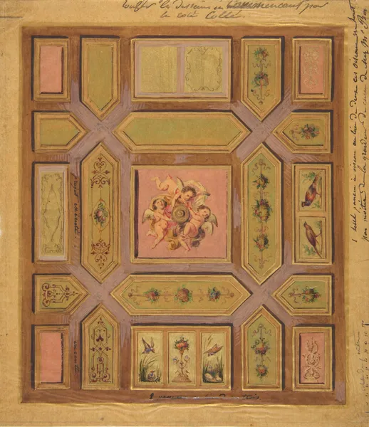 Design for a paneled ceiling painted with putti, birds, and floral motifs on tracing paper; mounted on wove paper (19th Century) av Jules-Edmond-Charles Lachaise