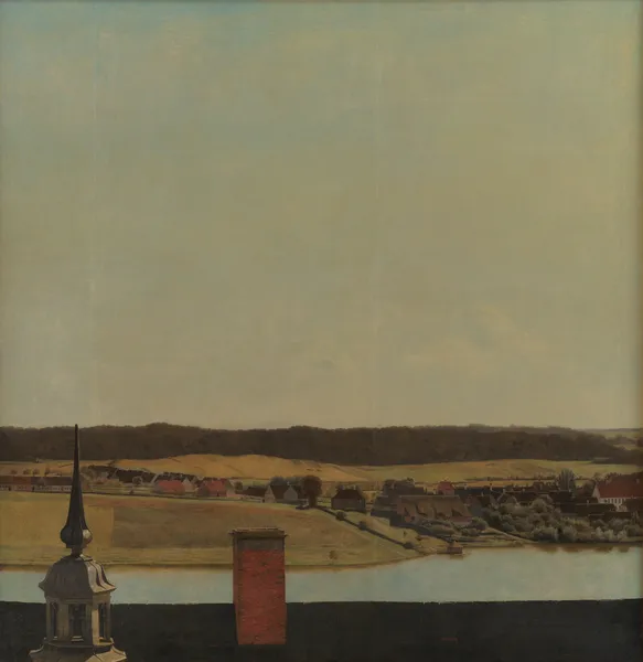 Roof Ridge of Frederiksborg Castle with View of Lake, Town and Forrest av Christen Købke