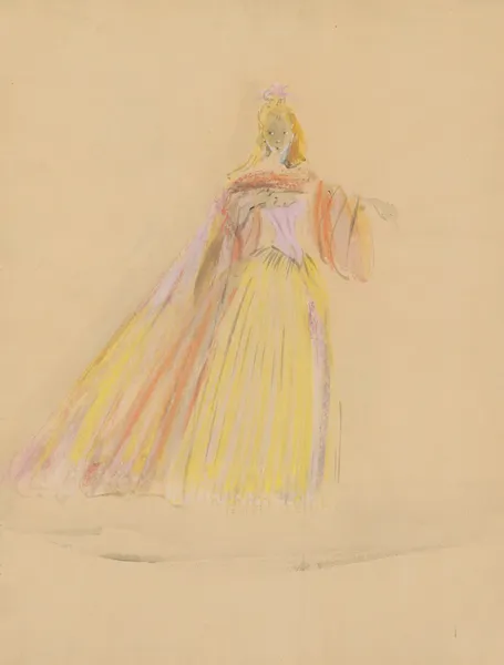 Amphitryon – maquette de costume – robe jaune, cape rouge av Christian Bérard