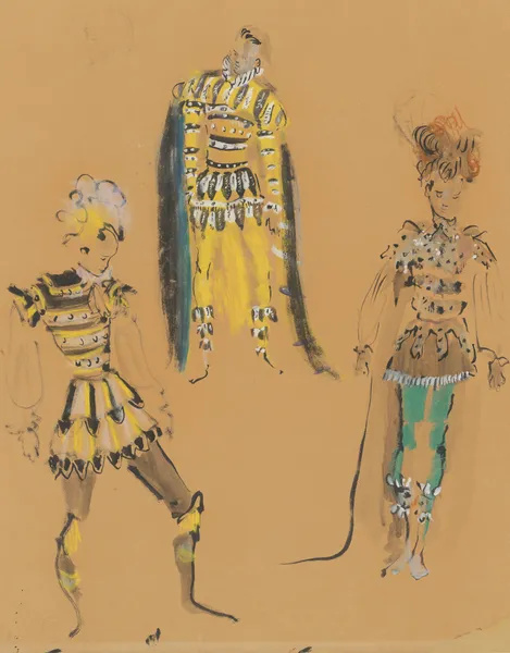 Amphitryon – maquette de costume – trois costumes masculins jaune et gris av Christian Bérard