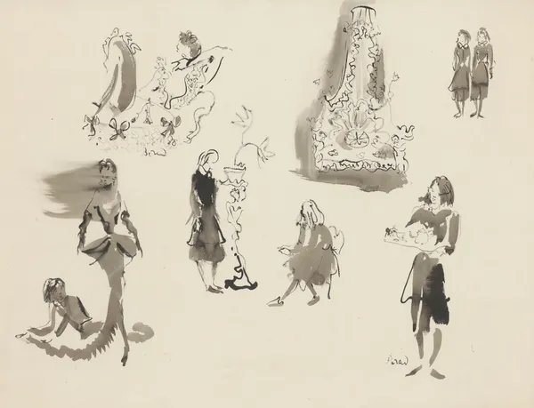 Les Bonnes – maquette de costume – planche – lit, esquisses de costumes av Christian Bérard