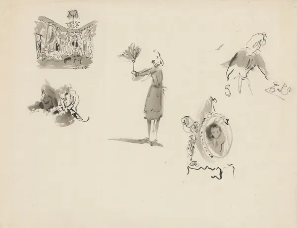 Les Bonnes – maquette de décor – planche – un décor, trois esquisses costumes bonne, portrait de Monsieur av Christian Bérard