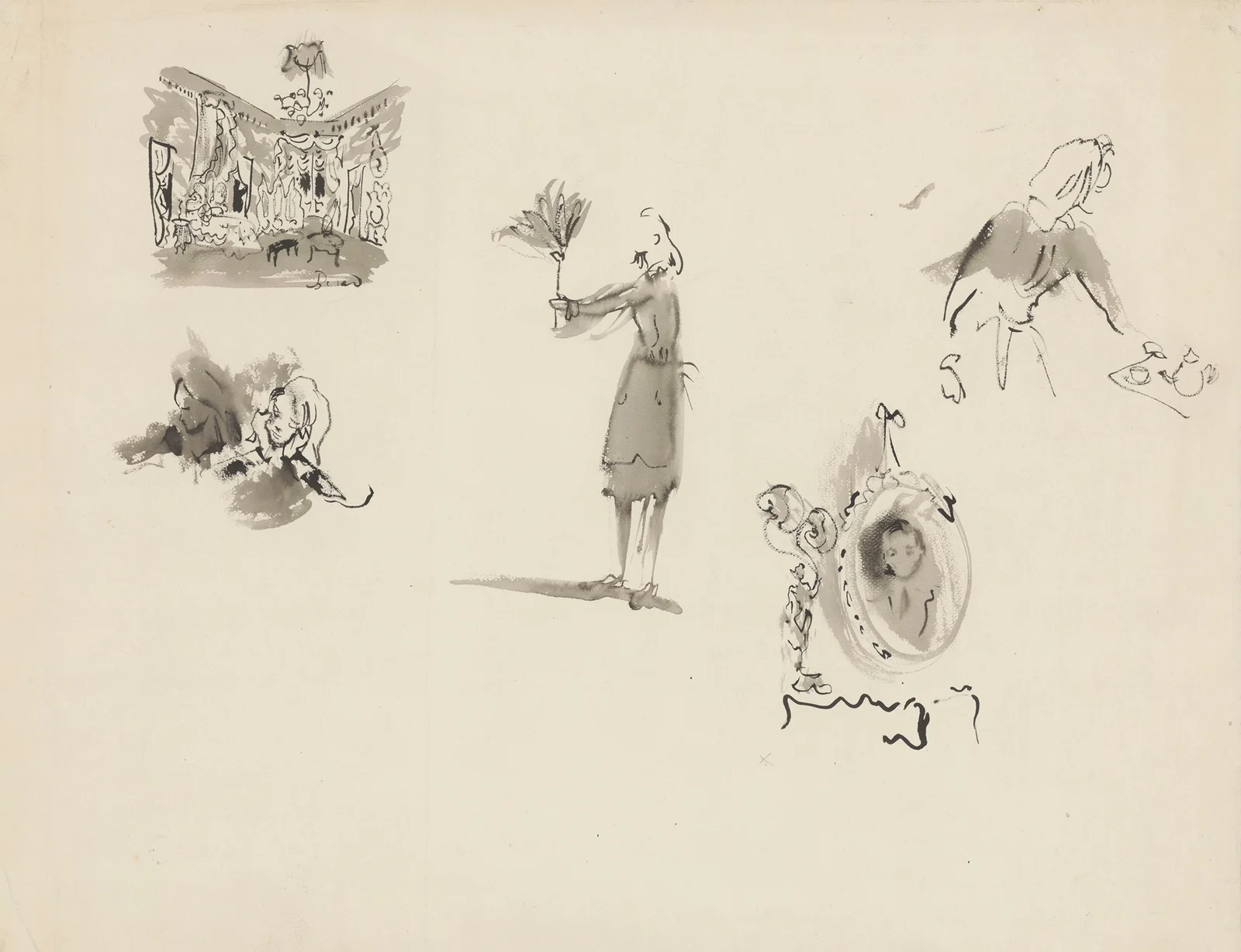 Les Bonnes – maquette de décor – planche – un décor, trois esquisses costumes bonne, portrait de Monsieur av Christian Bérard