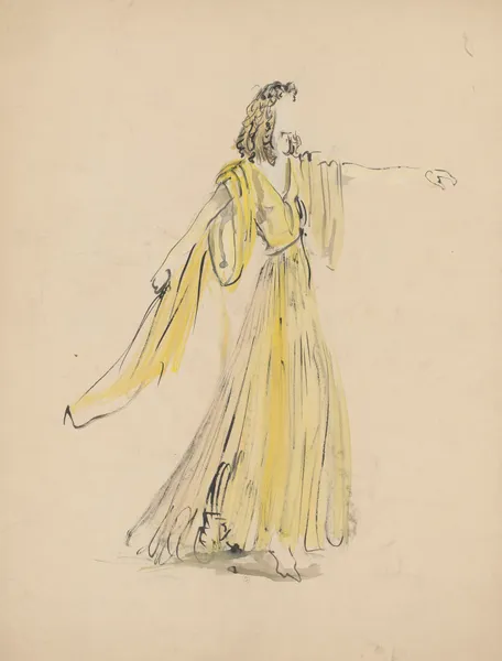 Sodome et Gomorrhe – maquette de costume – femme en robe jaune av Christian Bérard