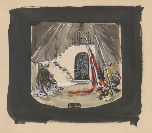 Sodome et Gomorrhe – maquette de décor – escalier longeant mur en ruine, podium avec draperie rouge av Christian Bérard