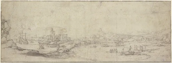 Bei einer ruinierten Festung eine Brücke über einen mit Kähnen befahrenen Fluß, links ein großes Schiff av Claude Lorrain