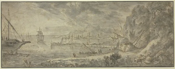 Marine, rechts große Felsen, vorn ein Maultiertreiber, im Hintergrunde eine Stadt av Claude Lorrain