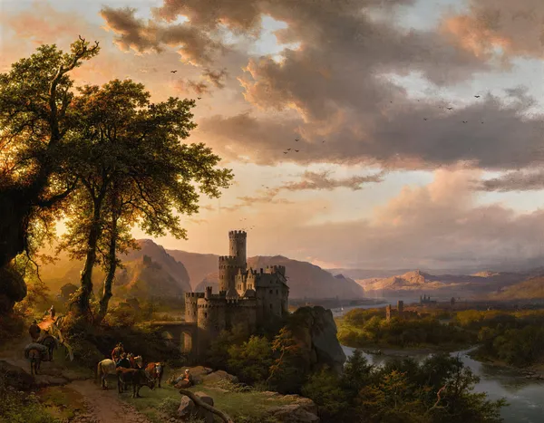 A hilly landscape with castle and travelers on a path av Barend Cornelis Koekkoek