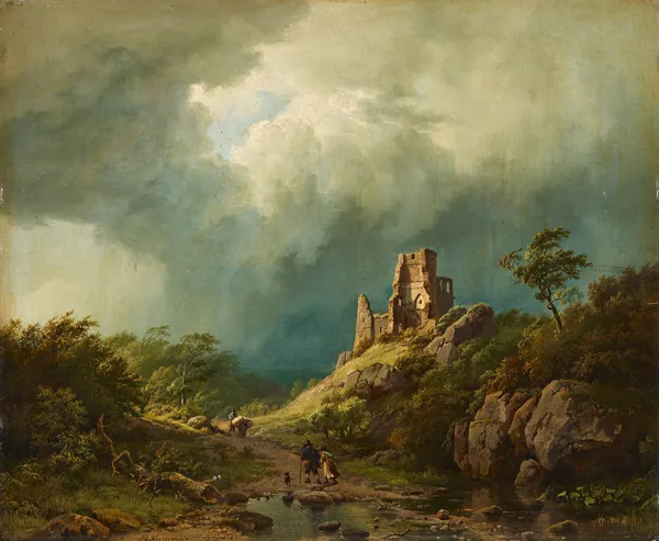 Travellers passing a ruined castle in a stormy landscape av Barend Cornelis Koekkoek