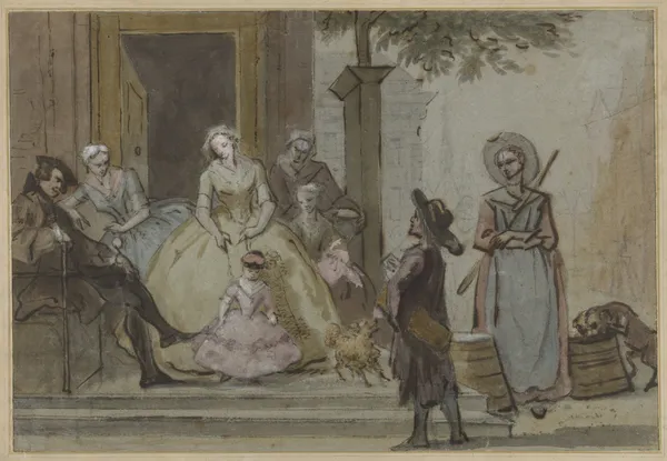 Draailier-speler voor een luisterende familie op de stoep van een stadshuis av Cornelis Troost
