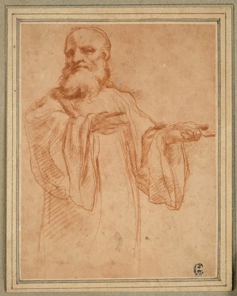 St. Benedict Gesturing to the Left; Study for the Coronation of the Virgin av Correggio