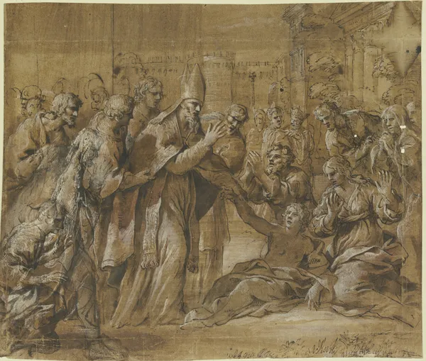 Heilung eines Kranken durch einen Bischof av Pietro da Cortona