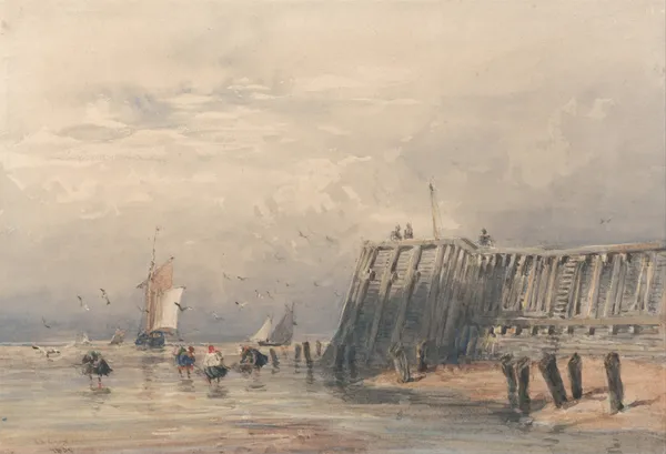 Sailing Barges and Shrimpers off a Pier av David Cox