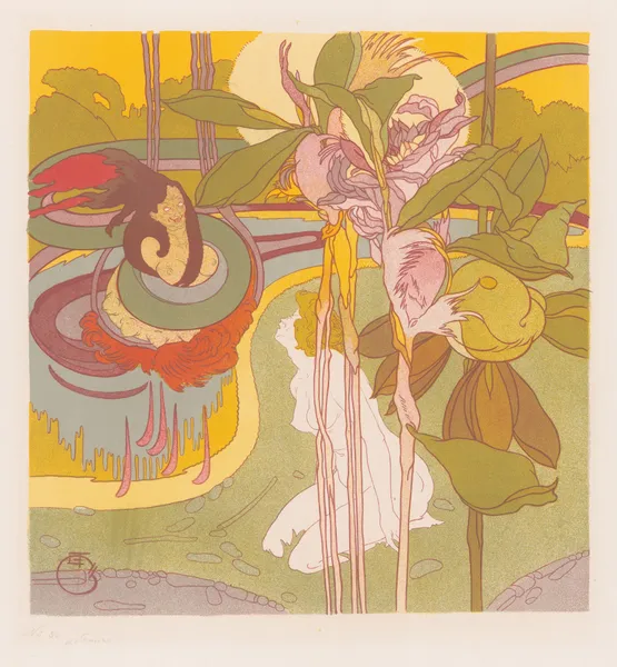 Vrouw krijgt visioen in een tuin av Georges de Feure