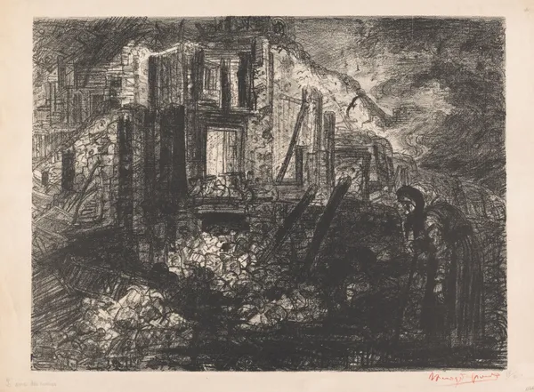 Figuur met wandelstok bij gebouwen in puin av Henry de Groux