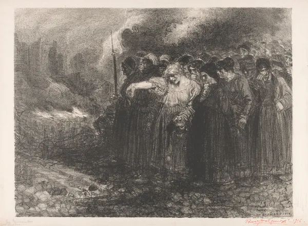 Menigte aan de rand van een verwoeste stad av Henry de Groux