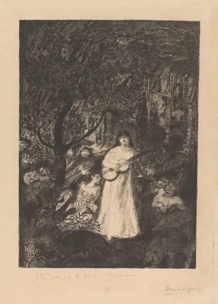 Vrouw met gitaar in een bos met figuren av Henry de Groux