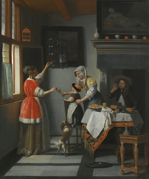 Interior With A Child Feeding A Parrot av Pieter De Hooch