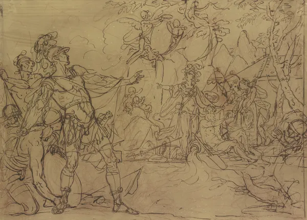 Ein junger Krieger ist im Begriff, ein Lager anzugreifen, Minerva verwehrt es ihm, sie ist umgeben von Wappen tragenden Nymphen und Amoretten av Gerard de Lairesse