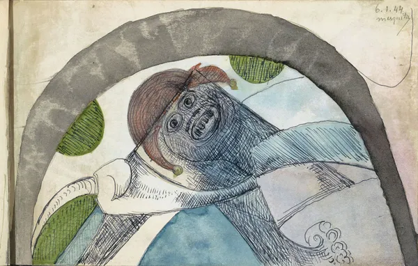 Antropomorf figuur met een harlekijnsmuts onder een boog av Samuel Jessurun de Mesquita