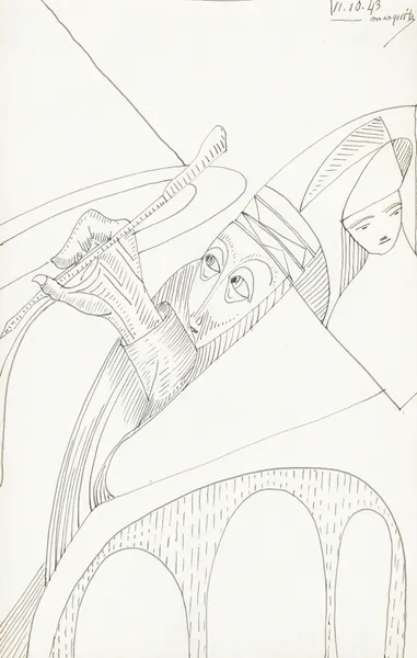 Man met een pen in de hand en een figuur met een hoed av Samuel Jessurun de Mesquita