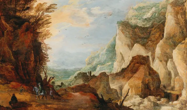 A mountainous landscape with travellers av Joos de Momper
