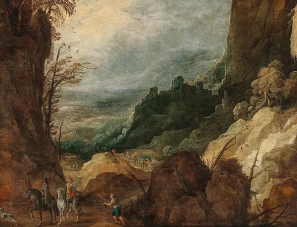 A mountainous landscape with travellers av Joos de Momper