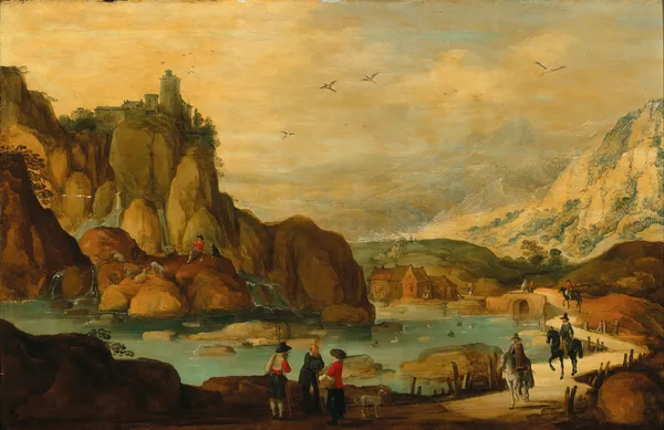 A rocky landscape with travellers on horseback near a stream av Joos de Momper