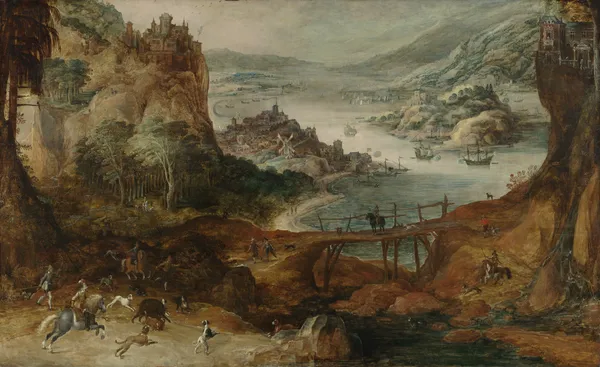 River Landscape with Boar Hunt av Joos de Momper