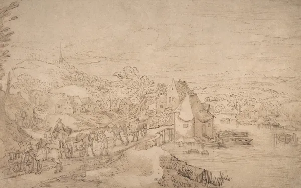 River Landscape with Wagons on a Road near a Village av Joos de Momper