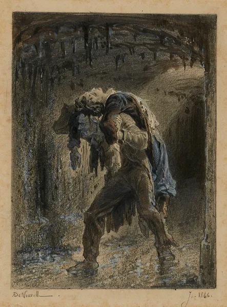 Jean Valjean et Marius dans l’égout Lui aussi porte sa croix av Alphonse Marie de Neuville