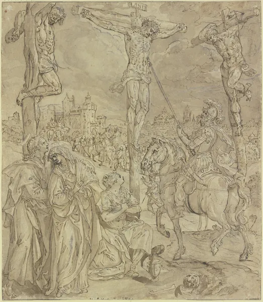 Kreuzigung Christi, Longinus sticht Christus in die Seite av Maerten De Vos